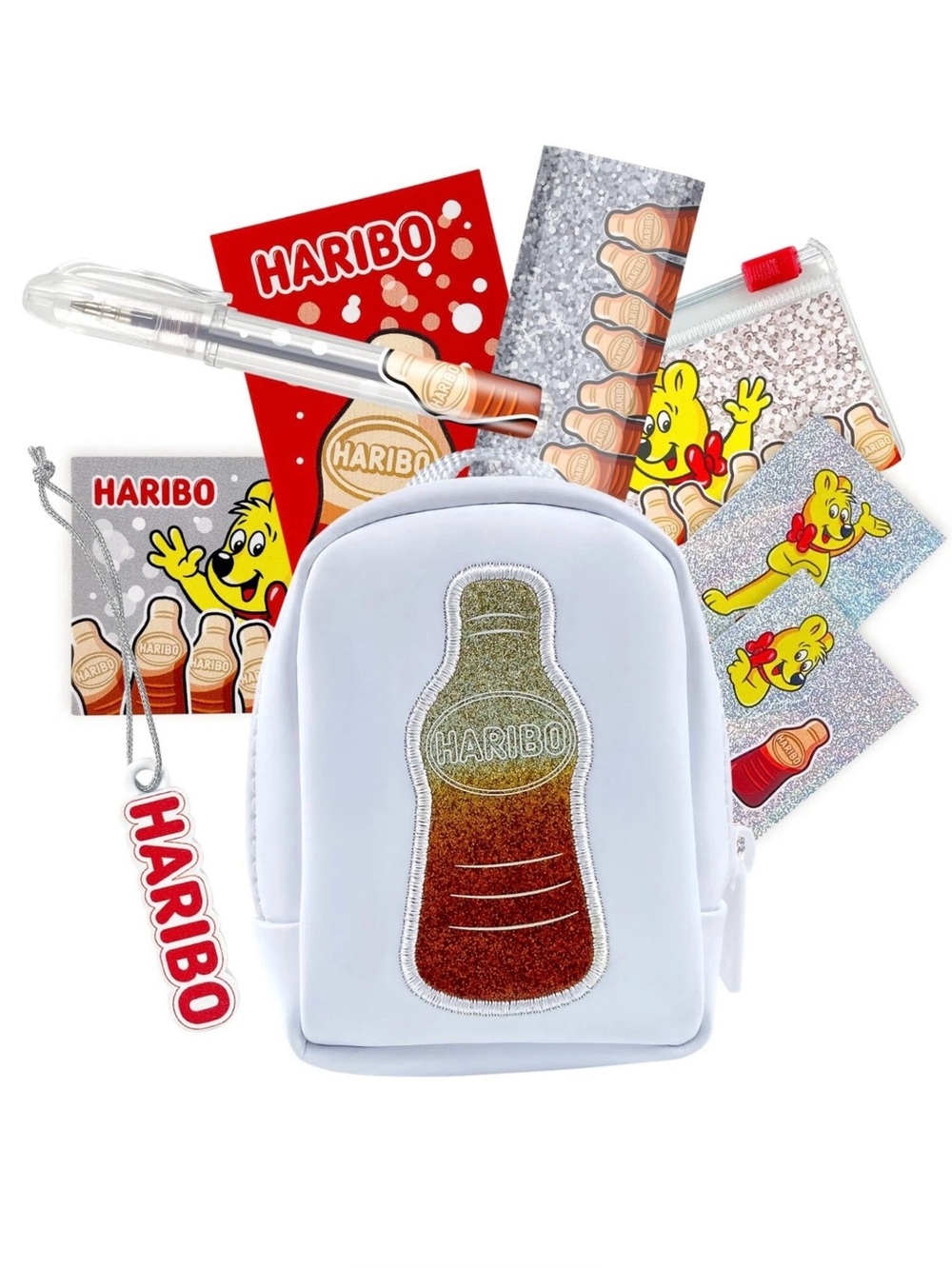 NEW Real Littles White Glitter Happy Cola Haribo Micro Backpack & Charms